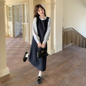 Korean Style Early Autumn Womens Fashion Set Shirt with Belt Half Skirt Two-Piece Set High Quality Polyester Fiber Long Sleeve