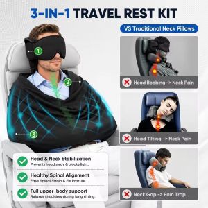 KEBIDUMEI Anti Head Bobbing Travel Pillow 3-in-1 Sleep System Eye Mask Arm Sling Neck Support for Plane Train Car M/L Size