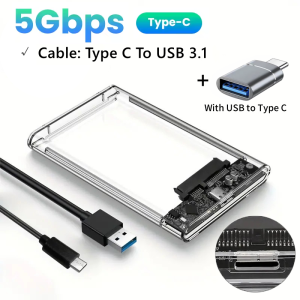 Ultra-Fast USB/Type C to SATA Hard Drive Enclosure - 5Gbps UASP Compatible with 2.5-Inch HDD/SSD for PC Mac Laptops and Desktop