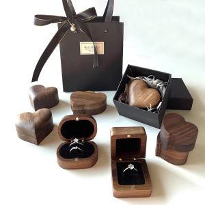 Nordic Style Wedding Proposal Ring Box Walnut Wood Earring Storage Organizer for Couples Bedroom Gift Box Handmade Craft