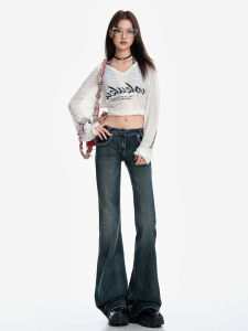 Low Waist Bell Bottom Jeans Womens Small Size American Deep Blue Retro Style Elastic Denim Pants Casual Wear All Seasons