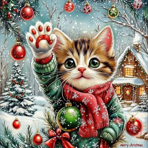 HUACAN Diamonds Painting Cat Animal Christmas Adult Crafts Diy Gift Diamond Mosaic On The Basement Snow House Home Decoration