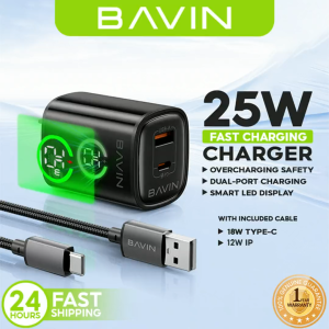 BAVIN PC2196 PD 25W+QC 3.0 Fast Charging Wall Charger USB-C + USB-A Dual Ports & LED Display w/ iPh / Type-C Cable