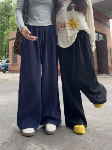 Quần Thể Thao Cạp Cao Màu Xanh Đậm Dài Thường Ngày Cho Nữ Quần Dài Ống Rộng Thoải Mái Quần Nỉ