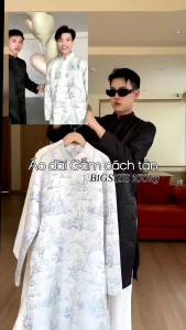 Áo Dài Nam-Tết 2026 cách tân dáng suông vải gấm thêu họa tiết thủy mặc trẻ trung_TH ÁO DÀI HÀ THÀNH