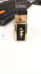 Thắt Lưng Da Bò Nguyên Miếng Cao Cấp Dập 1 Lớp Vân Cá Sấu Khóa Tự Động Màu Đen