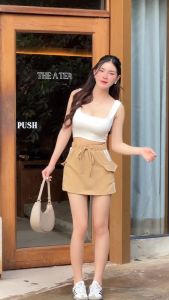 🌈 SpinnyHouse 🌈 กระโปรงสั้นทรงคาร์โก้ แต่งแถบข้าง ระดับความงาม กระเป๋าใช้งานสะอาด 🎀 ตัวผ้าวูลเวฟ สไตล์ Y2K สุด รุ่น วิ๊งแซ่บ