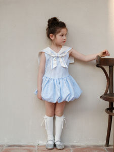 Váy Kẻ Sọc Xanh Cổ Thuyền Kiểu Pháp Cho Bé Gái Váy Xếp Ly Hoa Ôm Vừa Vặn Váy Mùa Hè Cho Bé Gái 2-18 Tuổi Váy Sinh Nhật