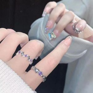 Fashion Y2K Shiny Purple Rhinestone Opening Couple Rings for Women Men Vintage Crystal Star Adjustable Ring Lover Jewelry Gift