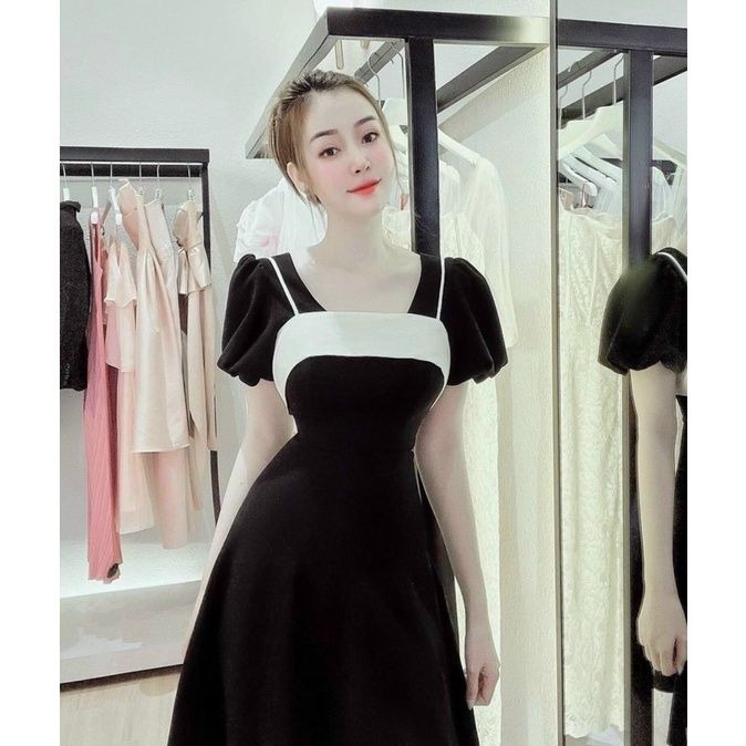 Đầm body nhúng đen cổ vuông tay phồng | Shopee Việt Nam