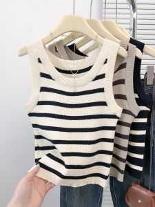 Womens Knitted Vest Summer New Style 2025 Sleeveless Base Layer Outerwear Design Sense Stripe Pattern Short Length Top