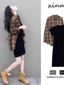 Early Autumn Tea Tone Two-Piece Set Womens Fashion Korean Style Dress And Shirt Combo Medium Weight Regular Fit Casual Wear