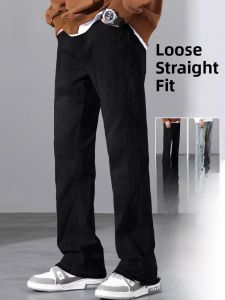 ROMON | Lormen Mens Fleece Lined Denim Jeans Loose Straight Leg Wide Leg Casual Harlan Workwear Long Trousers Autumn Winter New Style