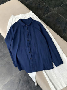 XIAOMENG | French Casual Loose Dark Blue Cotton Shirt Long Sleeve