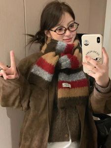 Korean Style Autumn Winter Stripe Knitted Scarf Womens Wool Blend Warmth Neck Warmer Fashionable Versatile Rectangle Shape