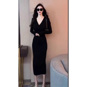 Elegant Black Wrap Body V-neck Long Dress Hepburn Style Slimming Womens Fashion Spring Autumn New Arrival Anfeiqi Brand