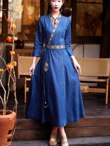 Elegant Embroidered Denim Dress Womens Hanfu Elements Spring Fashion Slimming A-Line V-Neck Dress Cotton Blend Long Skirt