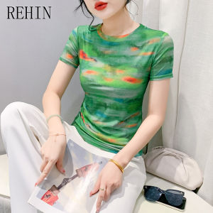 REHIN Summer Fashion Floral Printing Short Sleeve Round Neck T-shirt Slim Fit Elegant Womens Top