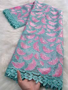 African Hot Sale Cord Lace Fabric High Quality Guipure Lace With Sequins Pink & Turquoise Embroidery Lace Fabric For Wedding