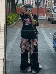 American Retro High Street Red Plaid Leather Curtain Womens Layered Wear Irregular Hem Shirt Waist Belt Outer Trendy