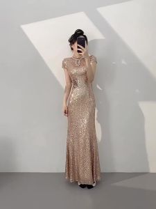 Elegant Glamour Gold Qipao Dress Summer