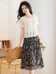 Elegant Chiffon Dress Womens Spring Summer A-Line Skirt Short Sleeve Pure Color High Waist Luxury Fake Two-Piece Set Dress