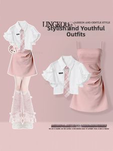 NUMEN BUTTON | Plus Size Gentle Soft Campus Style Set Flying Sleeve Shirt and Cinched Waist Skinny Strap Dress