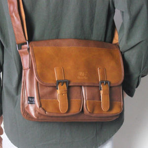 Threebox Mens Retro Backpack ลำลอง Business Single Shoulder Satchel iPad Bag หนัง กระเป๋าสะพายข้างสําหรับนักเรียน