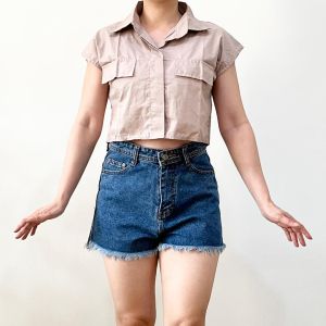 ●ECLAIRE● 026 Kemeja Crop Katun Lengan Cap Shortsleeves Hidden Button Kasual Casual Korea Mode Modis Santai 744