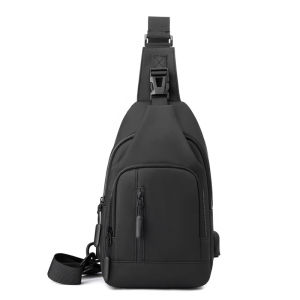 Fashionable Mens Crossbody Chest Bag Lightweight Charging USB Sporty Casual Bag Soft Nylon Pure Color Zipper Closure
