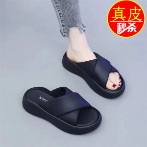 Leather Sandals Womens mid Heel Soft Bottom Platform Slippers Summer 2024 Casual Style for Beach And Daily Wear