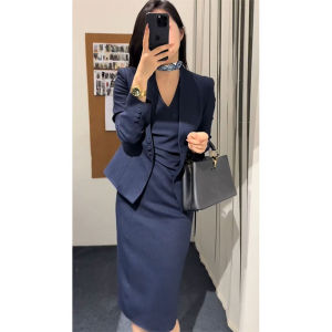 Blue Suit Waist-Cinching Dress Set Formal Autumn Winter High Waist Korean Style Commute Pure Color Button Detail A-Line Skirt