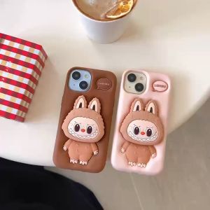 Case Labubu Monster Macaron Silikon with Popsocket for iPhone 11 12 13 14 15 16 Pro Max S35
