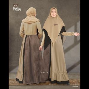 New Vallery Dress Set by Mouza - Gamis Sarimbit Toyobo Delux & Katun Linen (XS-XXL) Kancing Gold Scoder Motif Salur & Khimar Cerutty Baby Doll (4 Varian)