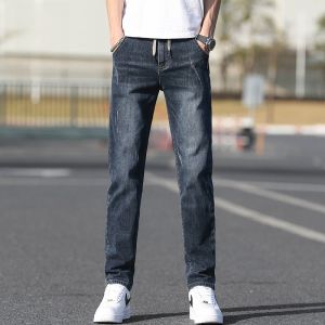 ROMON | Romon Mens Slim Fit Straight Leg Jeans Summer Thin Casual Blue Long Pants Fashionable Urban Style Mid Waist Cotton Blend
