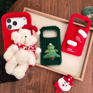 Merry Christmas Fluffy Soft Fur Phone Case for iPhone Air 11 12 13 14 15 16 17 Pro Max 3D Cute Bear Xmas Tree Socks Cover Gifts