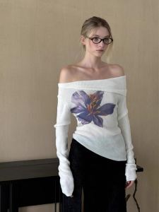Pang You/American off-Shoulder Print Long Sleeves Sweater Female 2024 Early Autumn New Arrival Asymmetrical Hem Tops