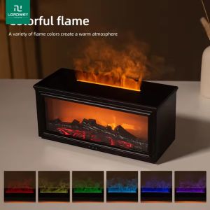 LORDWEYs Brand-new Colorful Flame Mini Fireplace Aroma Diffuser 280ml Automatic Shut-off Air Humidifier with Timer Remote Control When No Water