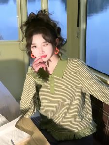 Korean Style Long Sleeve Polo Neck T-Shirt Womens Short Style Striped Fashion Fringed Hem Top Early Autumn New Arrival