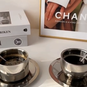 Contemporary Stainless Steel Double-Wall Coffee Cup & Saucer Set with Thermal Insulation and Silver Finish