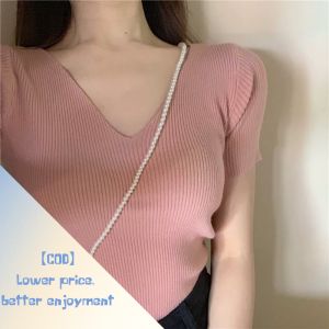 Short Sleeve T-shirt for Women New Style 2023 Slim V-neck Knitted Top