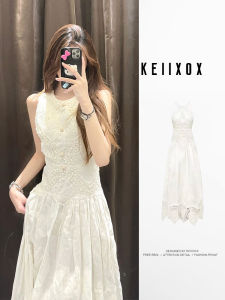 French Embroidery Round Neck White Dress Summer New Design Slimming Long Dress Tight Waist Sleeveless Single Piece Pullover