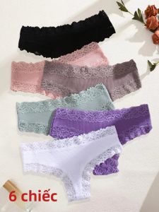 6 Chiếc Nữ Ren Cotton Brasil Quần Lót Thấp Eo Co Giãn Bikini Quần Lót T-Back Bộ Đồ Lót Ren S-XL