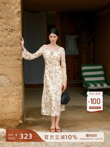 HeyDress French Style Printed Long Sleeve Dress Womens Spring Elegant Slimming Floral Gradient Dress City Commute A-Line Skirt