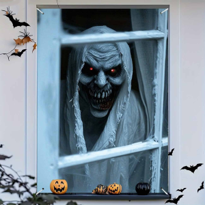 Scary Ghost Window Banner Horror Zombie Window Cover with Bat Pattern for Halloween Window Front Door Party Spooky Decor