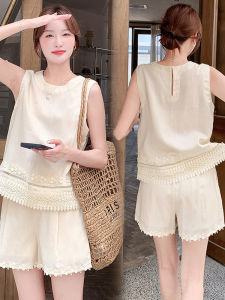 Shalldoer | Unique Beautiful Hollow Out Summer Set For Women Sleeveless Straight Leg Casual Shorts Two Piece Suit Round Neck Short Pants