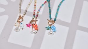 Dây Chuyền Mặt Cá Và Sao Biển Gốm Sứ Lấy Cảm Hứng Từ Biển Bohemia Dành Cho Nữ Với Hạt Đá Turquoise Tổng Hợp 4mm Nhẹ Phong Cách Cổ Điển Trang Sức Bãi Biển.