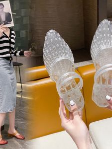 Fashionable Two-Way Wear Crystal Transparent Sequin Sandals Women Summer Anti-Slip Mom Gradient Color Cap-Toe Trendy Flat Heel