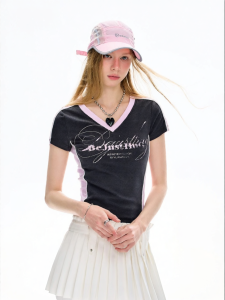 BJHG | Áo Thun Nữ Vintage Chic Tay Ngắn Cổ V Ôm Dáng