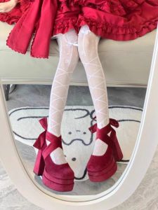 Red Thick Heel Lolita Mary Jane High Heels Womens Waterproof Platform Small Size Satin Cross Strap Thick Heel Single Shoes